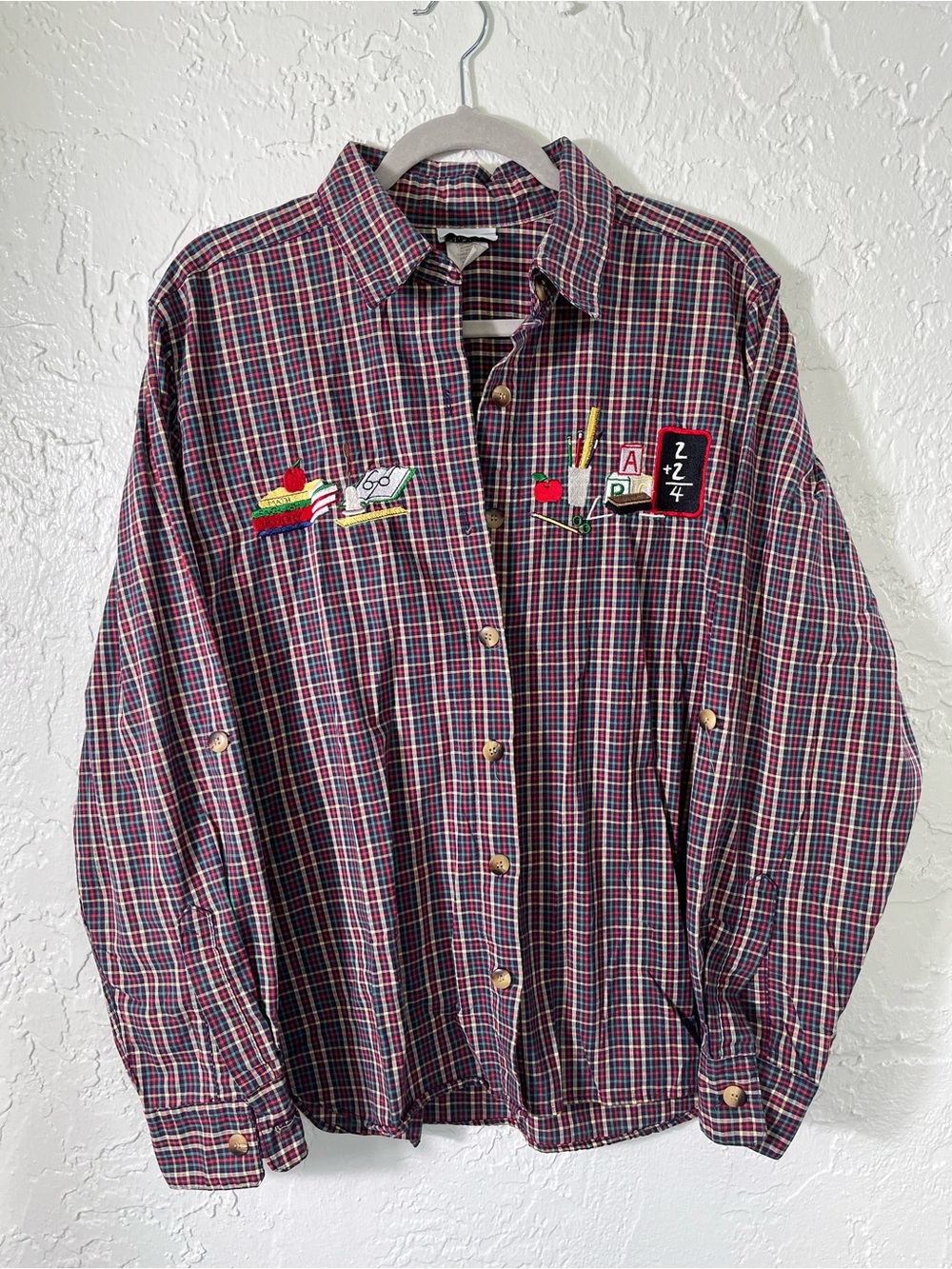 Vintage BonWorth Teacher Button Up Plaid Shirt Embroidered School Theme Large